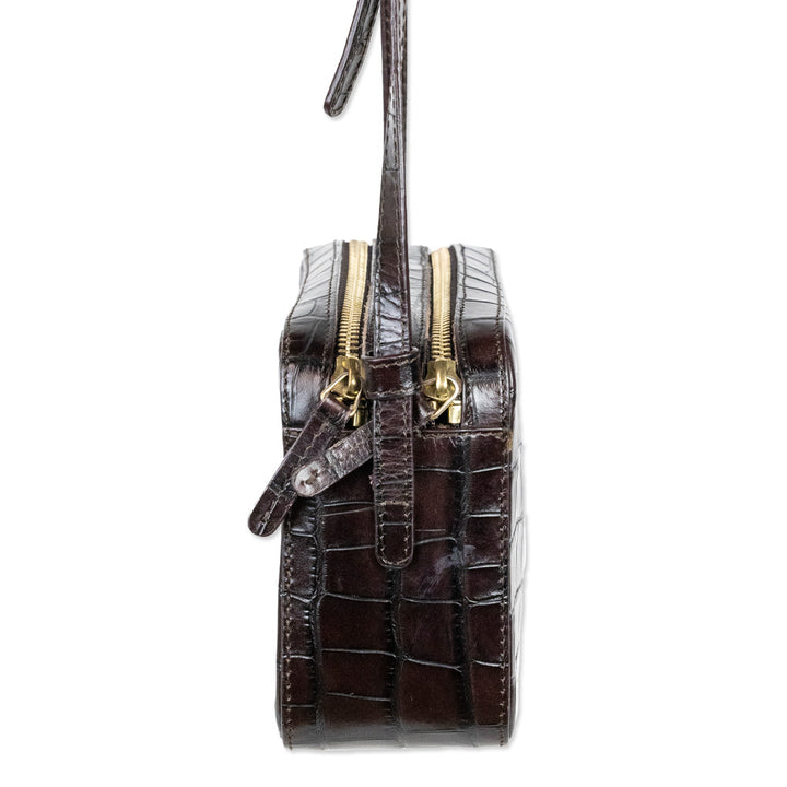 Mansur Gavriel Croc-Embossed Brown Leather Double-Zip Camera Crossbody Bag