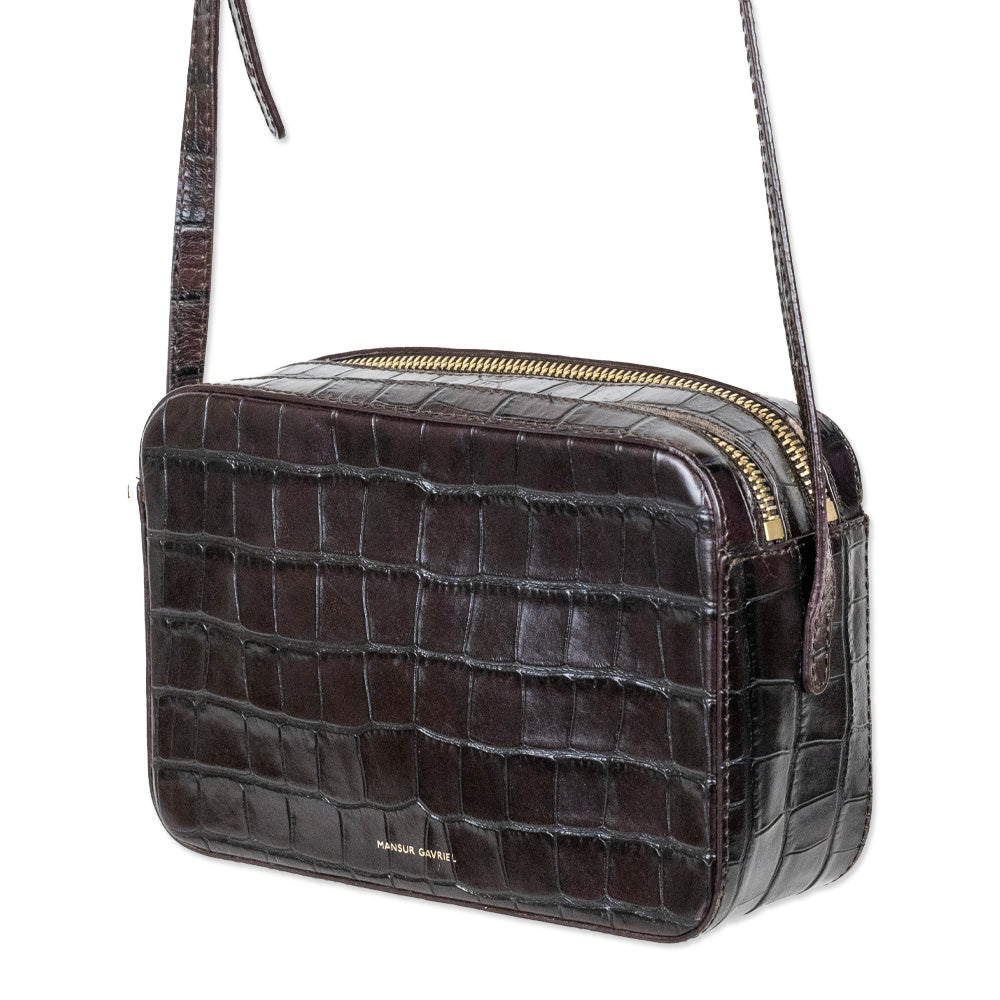 Mansur Gavriel Croc-Embossed Brown Leather Double-Zip Camera Crossbody Bag