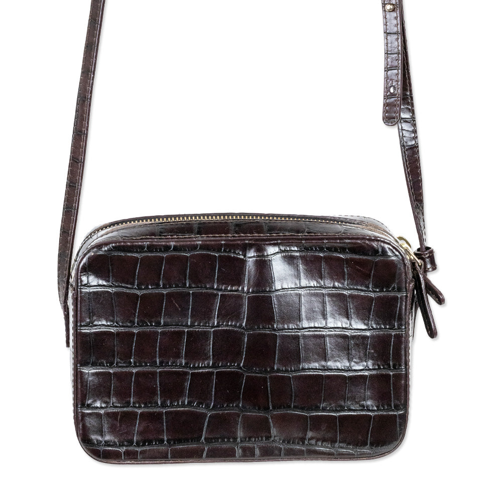 Mansur Gavriel Croc-Embossed Brown Leather Double-Zip Camera Crossbody Bag