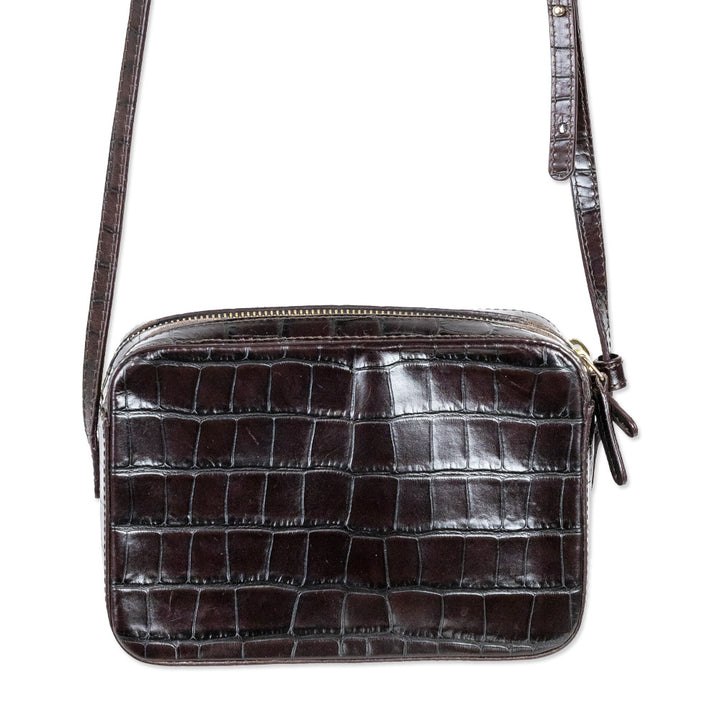 Mansur Gavriel Croc-Embossed Brown Leather Double-Zip Camera Crossbody Bag