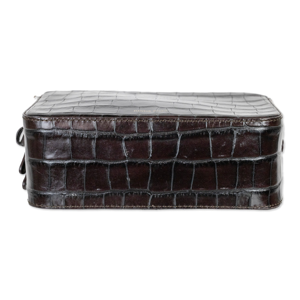 Mansur Gavriel Croc-Embossed Brown Leather Double-Zip Camera Crossbody Bag