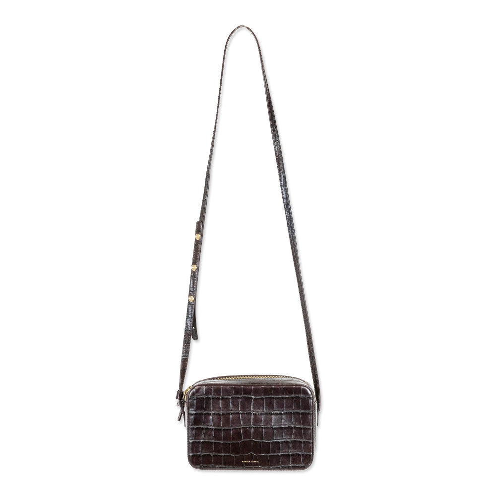 Mansur Gavriel Croc-Embossed Brown Leather Double-Zip Camera Crossbody Bag