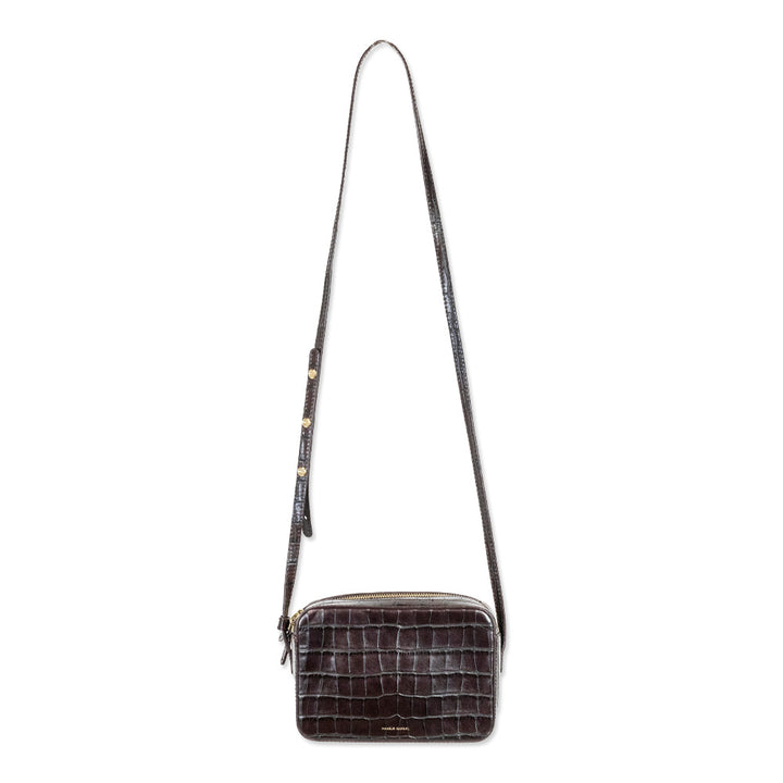 Mansur Gavriel Croc-Embossed Brown Leather Double-Zip Camera Crossbody Bag