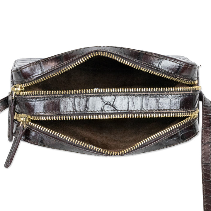 Mansur Gavriel Croc-Embossed Brown Leather Double-Zip Camera Crossbody Bag