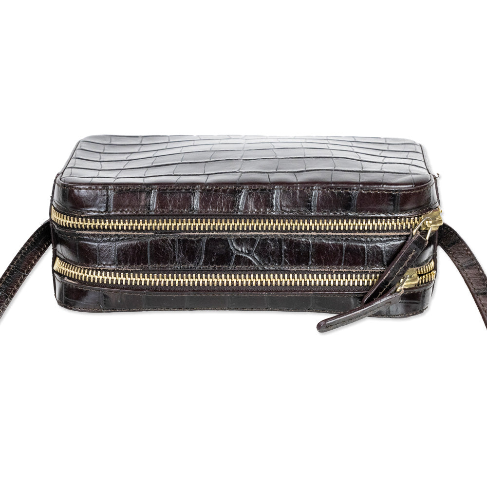 Mansur Gavriel Croc-Embossed Brown Leather Double-Zip Camera Crossbody Bag
