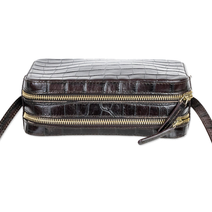 Mansur Gavriel Croc-Embossed Brown Leather Double-Zip Camera Crossbody Bag