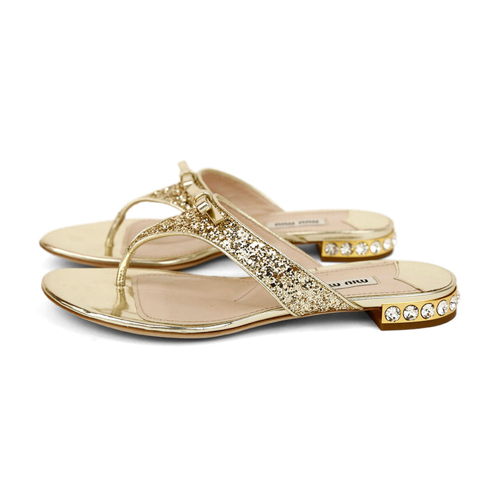 Miu Miu Gold Leather Glitter Thong Sandals