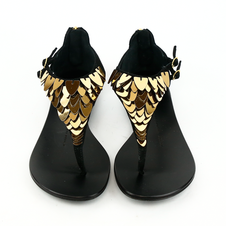 front view of Giuseppe Zanotti Metal Feather Thong Sandals