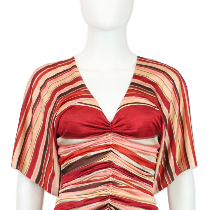 Marc Jacobs Spring 2011 Red & Pink Striped Ruched Silk Maxi Dress