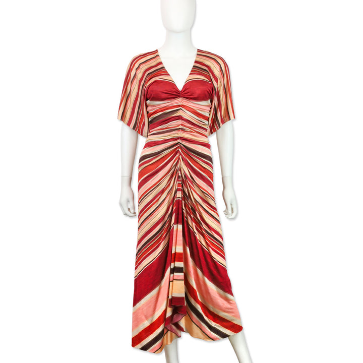 Marc Jacobs Spring 2011 Red & Pink Striped Ruched Silk Maxi Dress