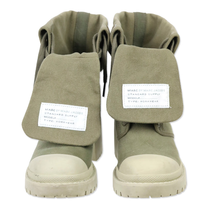 Marc by Marc Jacobs Military/Beige Green Fold Down Logo Cap Toe Combat Boots