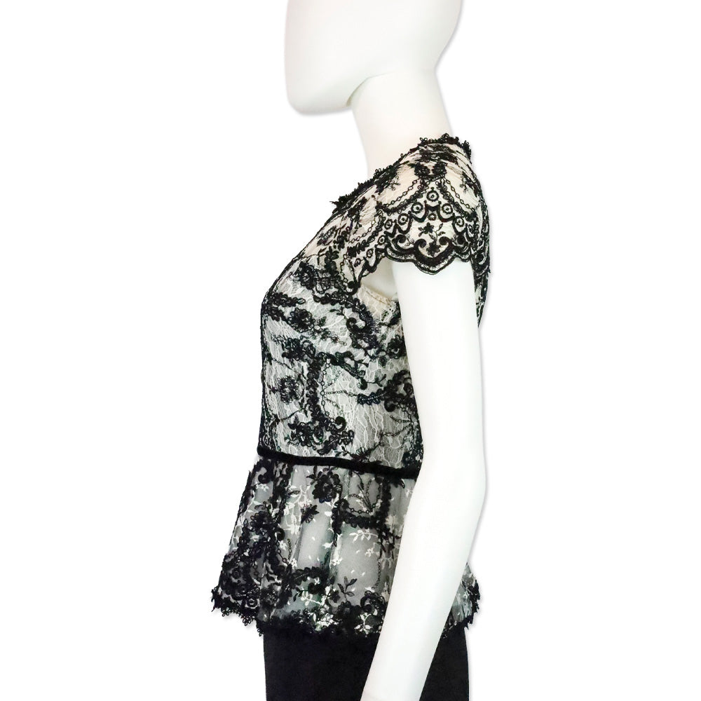 Marchesa Notte Black/White Lace Peplum Top
