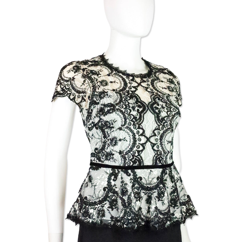 Marchesa Notte Black/White Lace Peplum Top