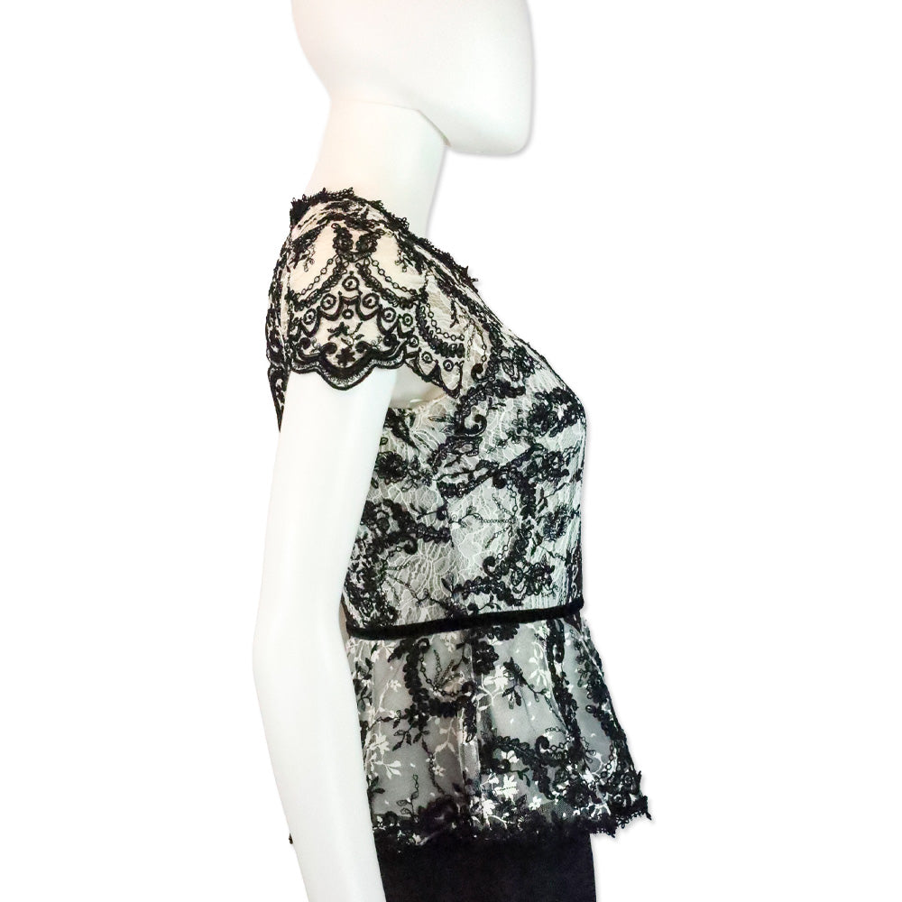 Marchesa Notte Black/White Lace Peplum Top