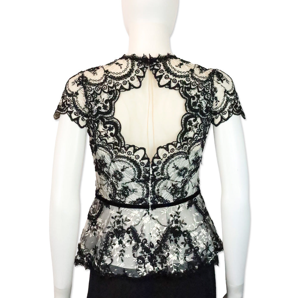 Marchesa Notte Black/White Lace Peplum Top