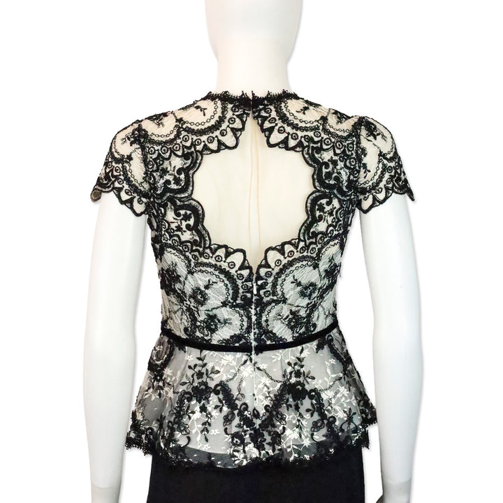 Marchesa Notte Black/White Lace Peplum Top