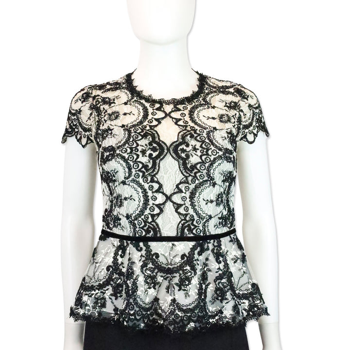 Marchesa Notte Black/White Lace Peplum Top