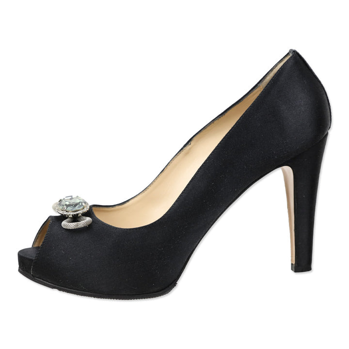Marina Rinaldi Black Satin Crystal Accented Peep Toe Platform Pump