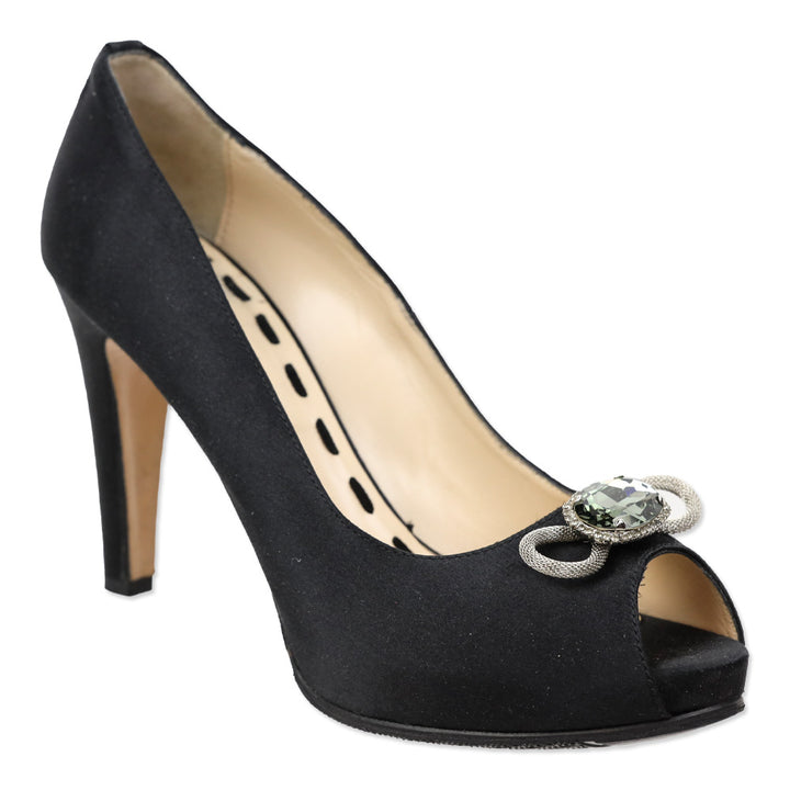 Marina Rinaldi Black Satin Crystal Accented Peep Toe Platform Pump