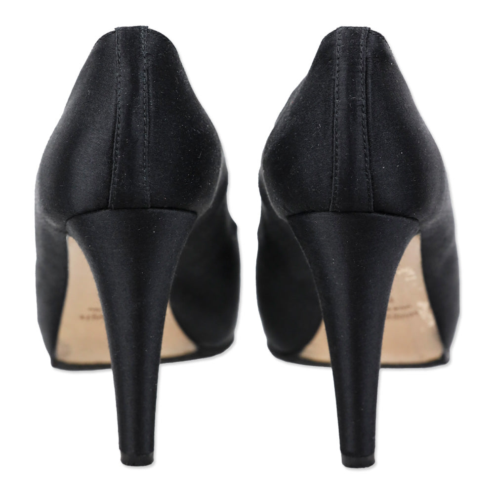 Marina Rinaldi Black Satin Crystal Accented Peep Toe Platform Pump