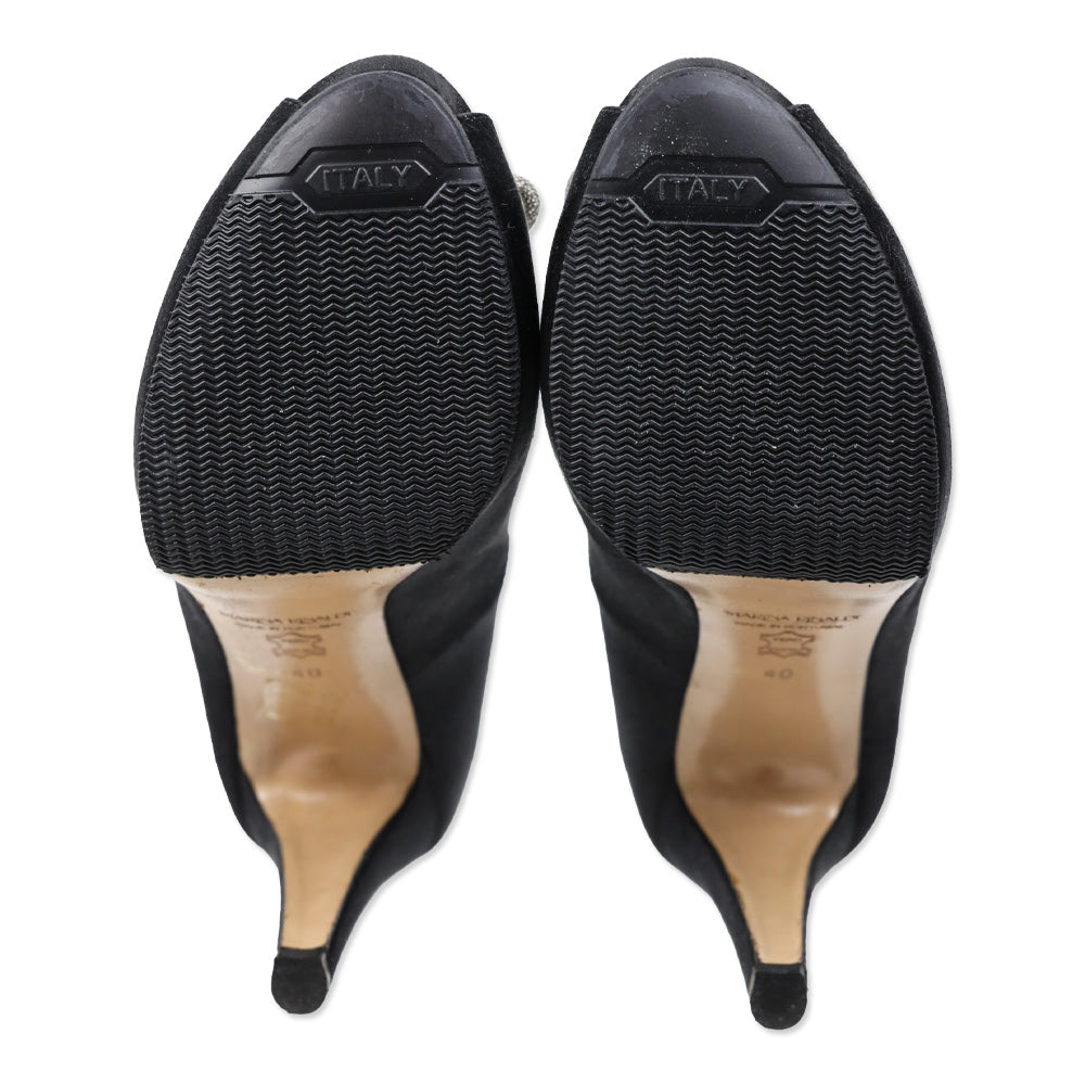 Marina Rinaldi Black Satin Crystal Accented Peep Toe Platform Pump