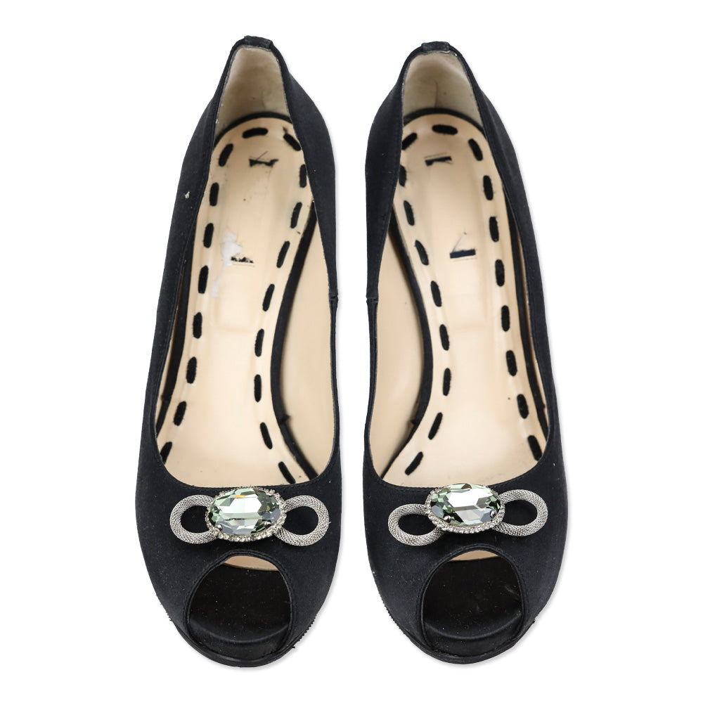 Marina Rinaldi Black Satin Crystal Accented Peep Toe Platform Pump