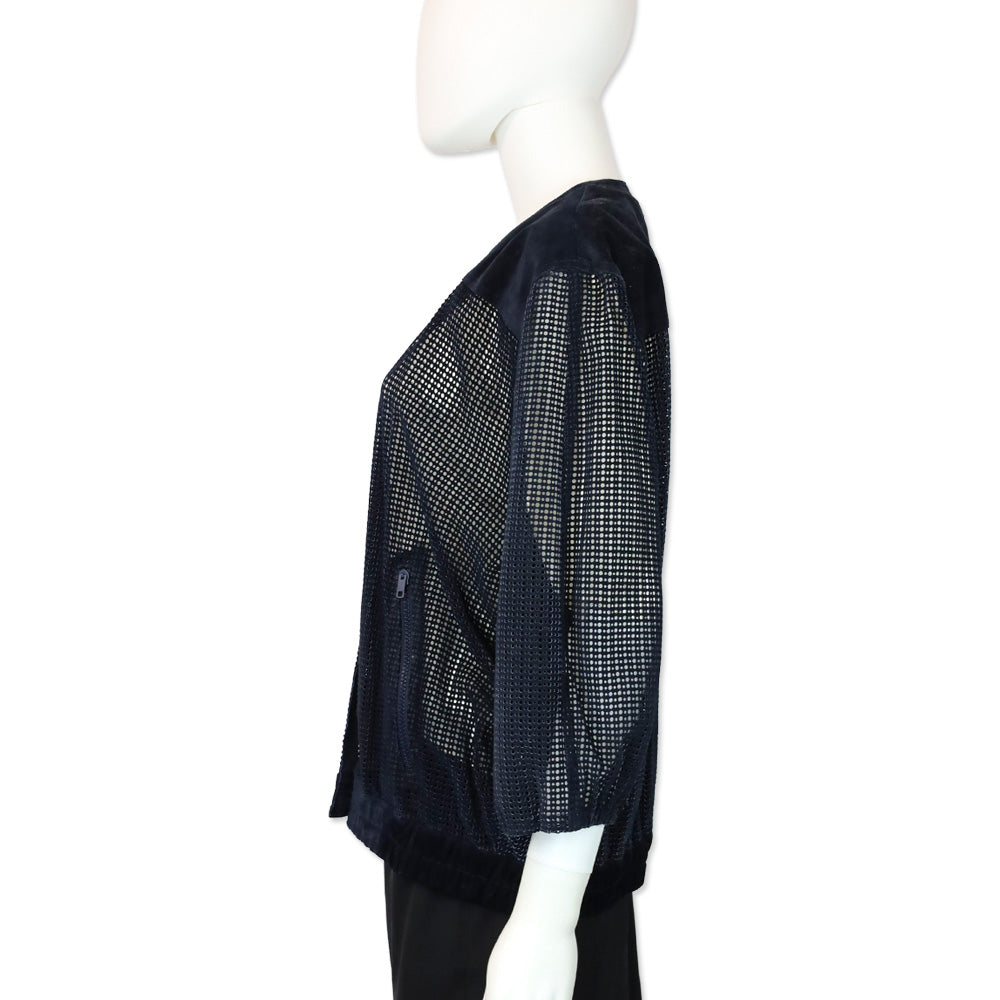 Mario Valentino Navy Perforated Suede V-Neck Jacket