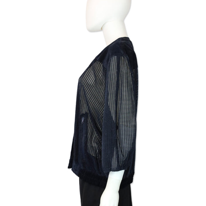 Mario Valentino Navy Perforated Suede V-Neck Jacket