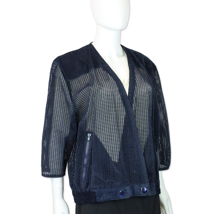 Mario Valentino Navy Perforated Suede V-Neck Jacket