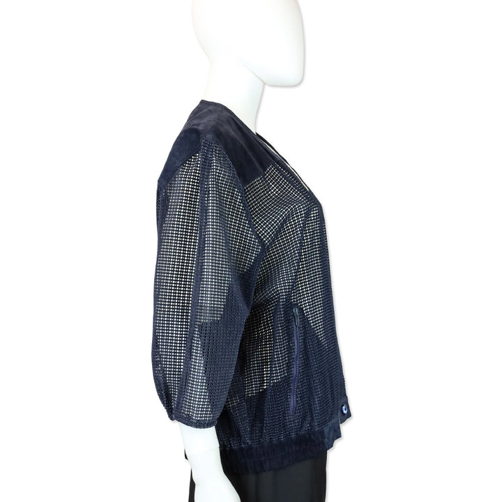 Mario Valentino Navy Perforated Suede V-Neck Jacket