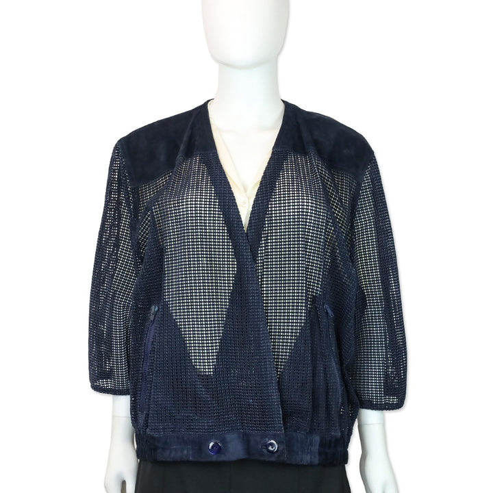 Mario Valentino Navy Perforated Suede V-Neck Jacket