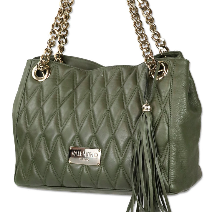Mario Valentino Verra Signature Olive Green Quilted Leather Tote Bag