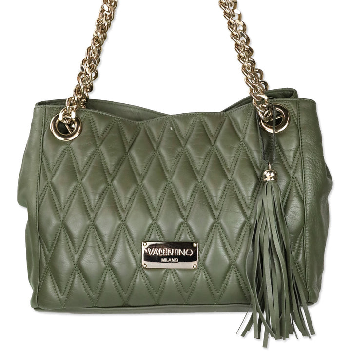 Mario Valentino Verra Signature Olive Green Quilted Leather Tote Bag