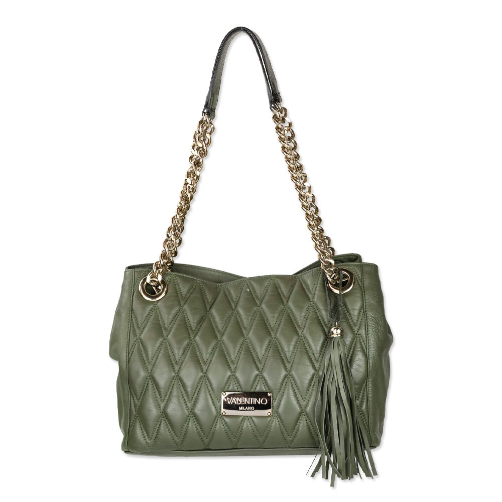 Mario Valentino Verra Signature Olive Green Quilted Leather Tote Bag