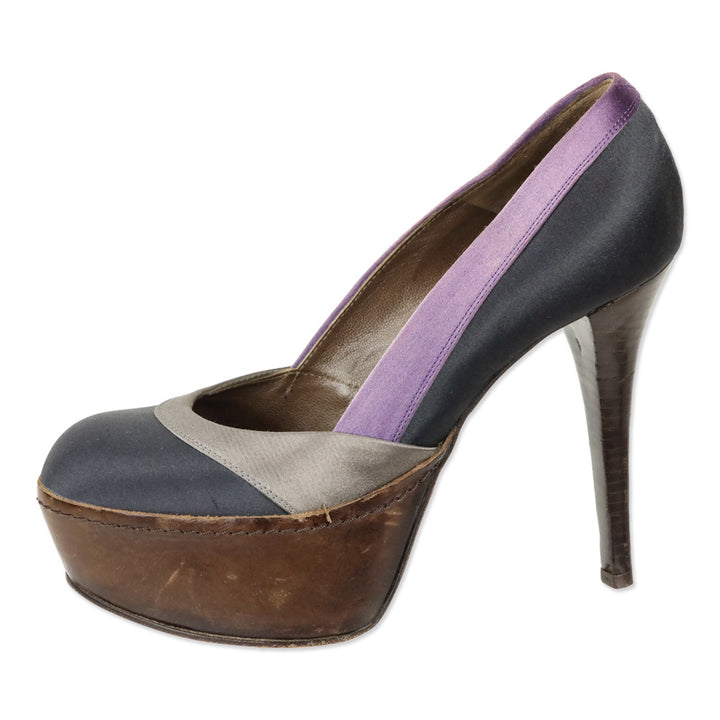 Marni Black Purple Multi Colorblock Satin Platform Pumps