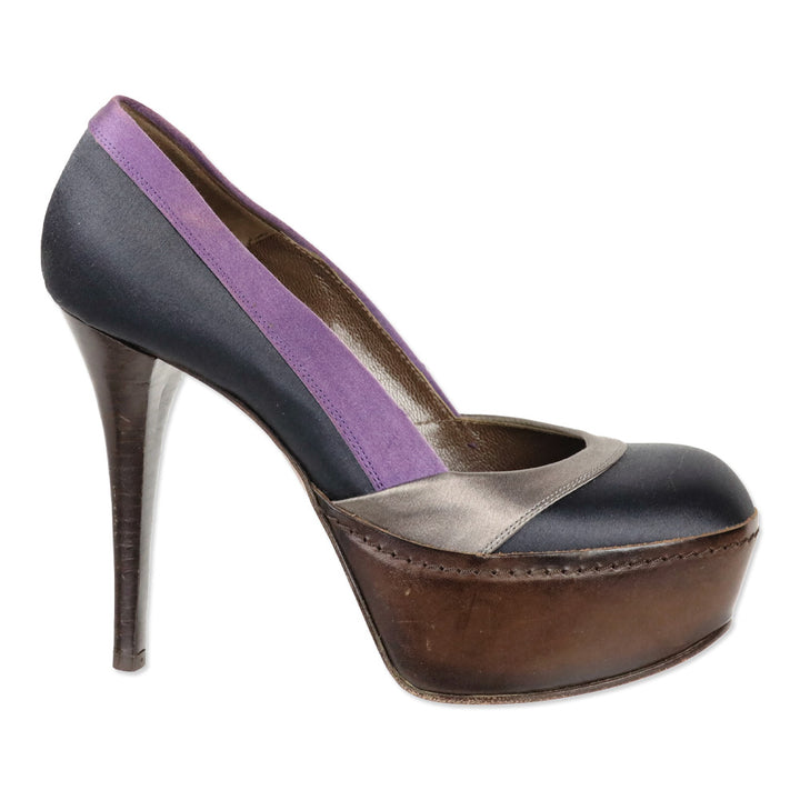 Marni Black Purple Multi Colorblock Satin Platform Pumps