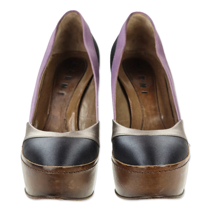 Marni Black Purple Multi Colorblock Satin Platform Pumps