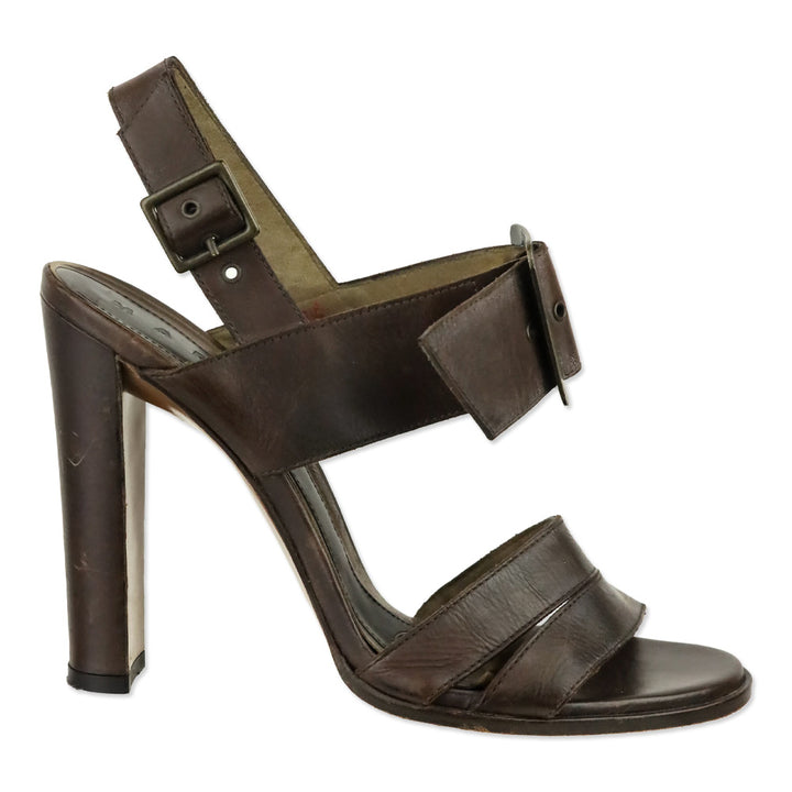 Marni Brown Leather Chunky Buckle Slingback Sandals