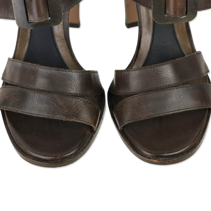 Marni Brown Leather Chunky Buckle Slingback Sandals