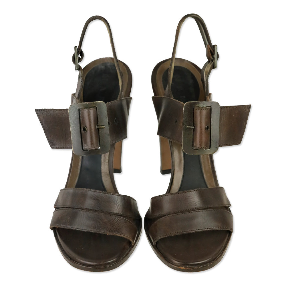 Marni Brown Leather Chunky Buckle Slingback Sandals