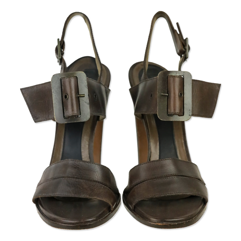 Marni Brown Leather Chunky Buckle Slingback Sandals