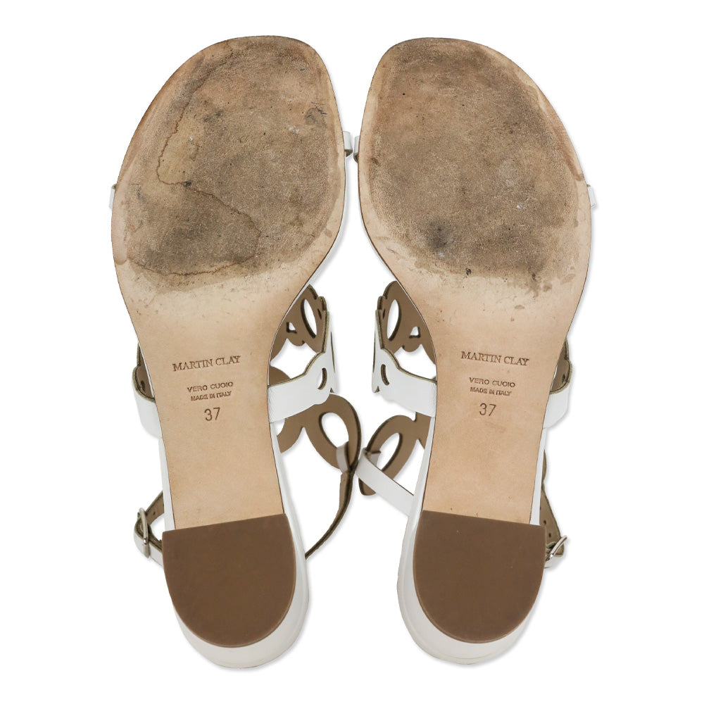 Martin Clay White Cut-Out Leather T-Strap Sandals