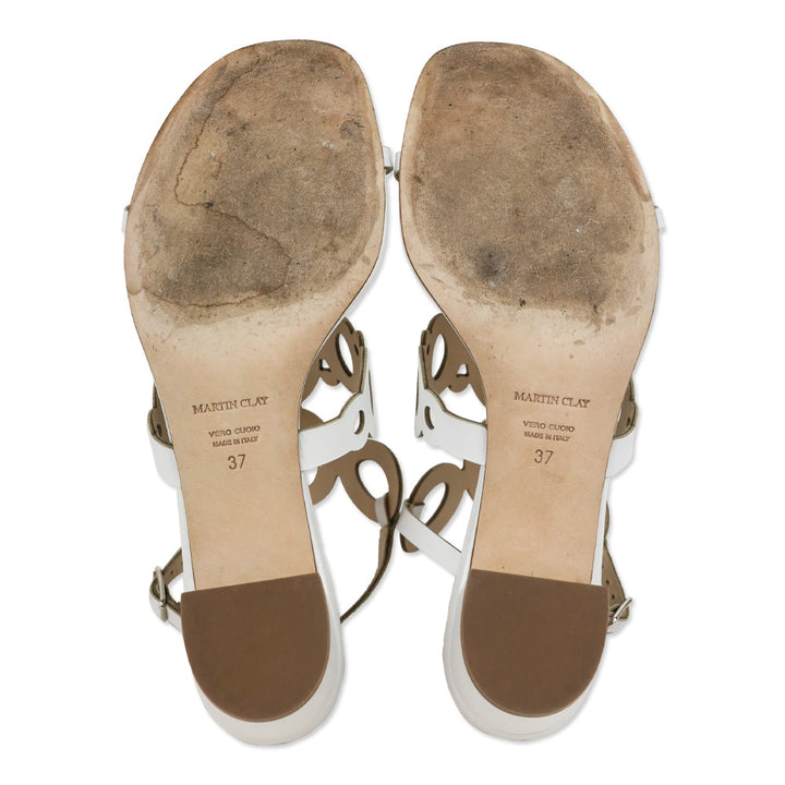 Martin Clay White Cut-Out Leather T-Strap Sandals
