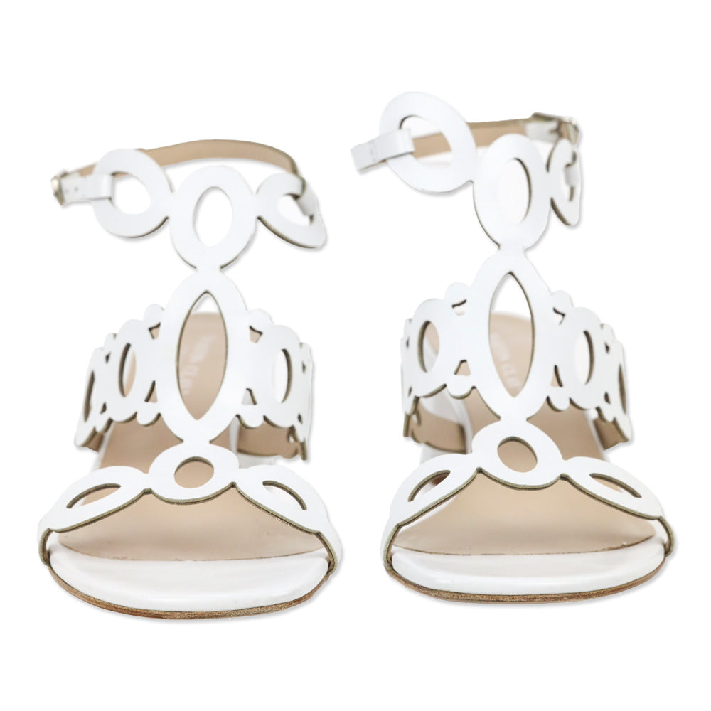 Martin Clay White Cut-Out Leather T-Strap Sandals