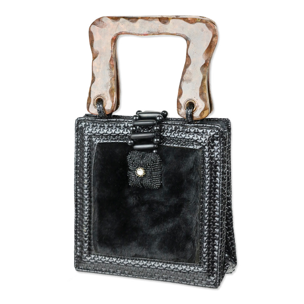 Mary Frances Black Fur Wood Top Handle Bag