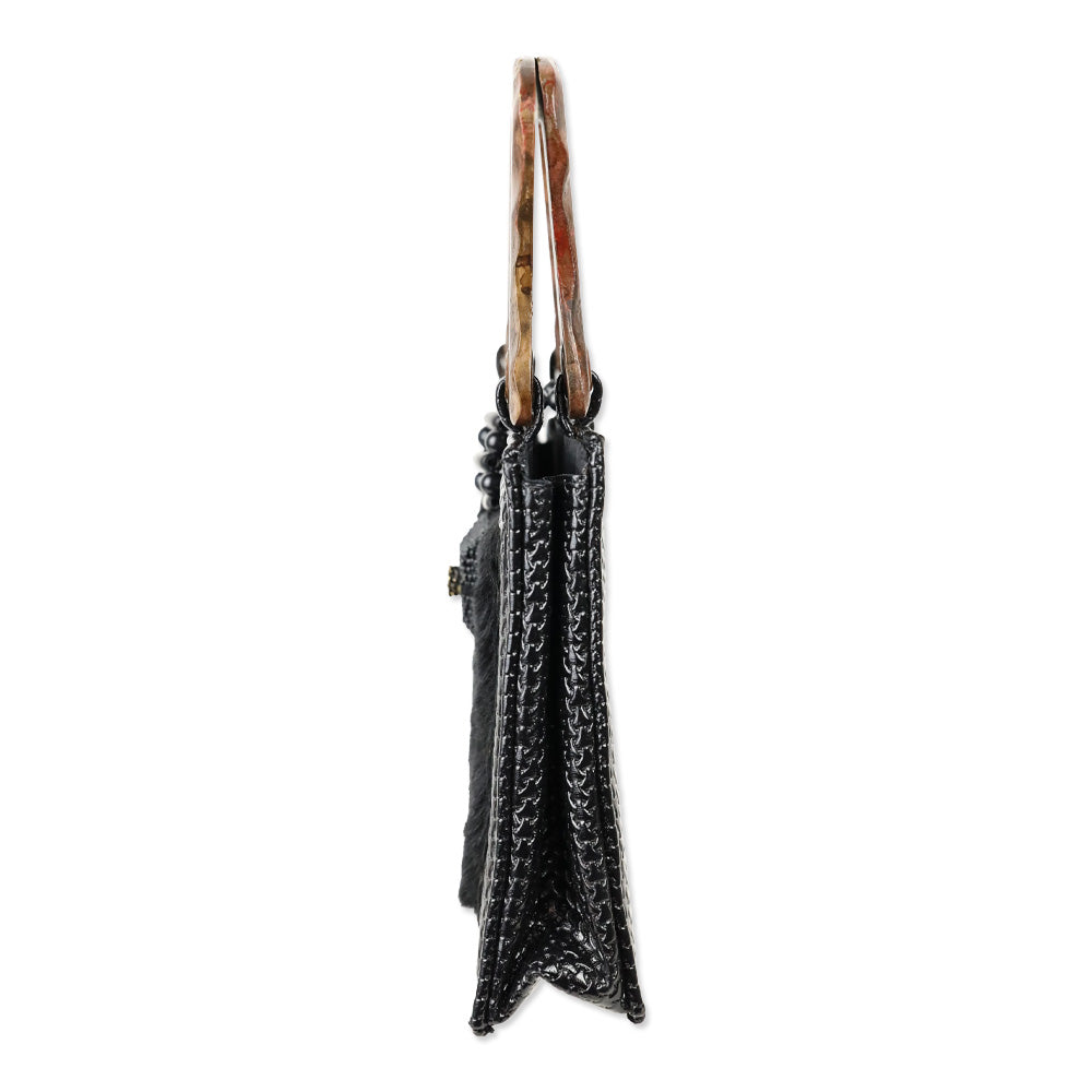 Mary Frances Black Fur Wood Top Handle Bag