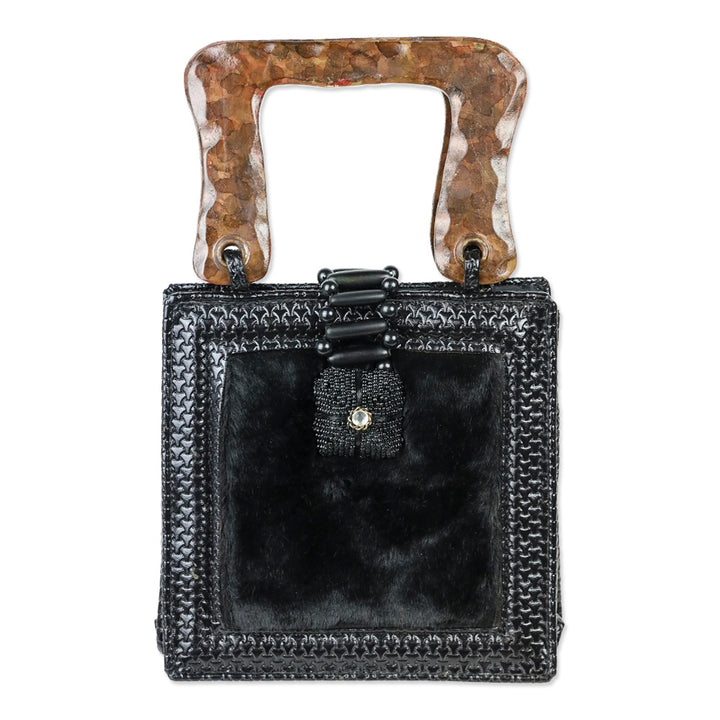Mary Frances Black Fur Wood Top Handle Bag