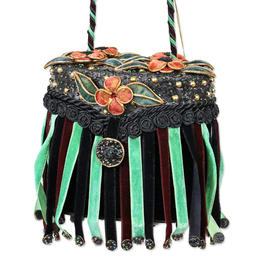Mary Frances Black Velvet Floral Fringe Frame Handbag