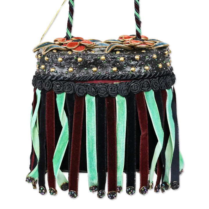 Mary Frances Black Velvet Floral Fringe Frame Handbag