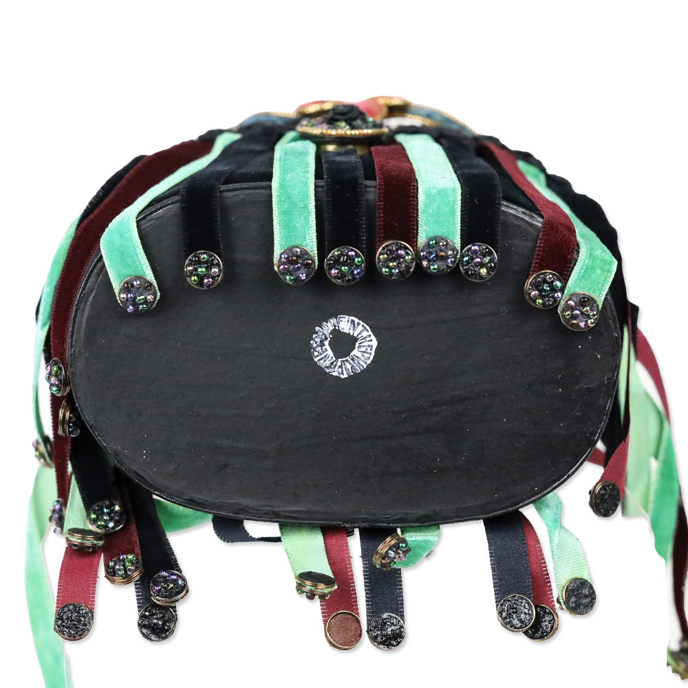 Mary Frances Black Velvet Floral Fringe Frame Handbag